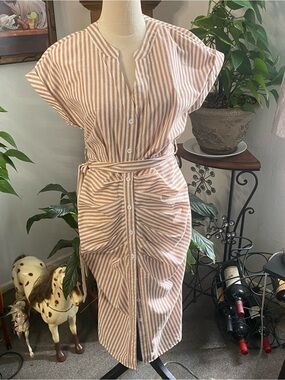 SHEIN Pink and White Striped Button-Front Midi Dress with Tie Waist